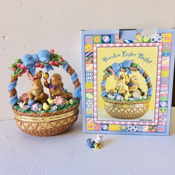 Porcelain Bunny In A Easter Egg Basket Rabbit Chickens Eggs, Flowers 9" Tall - Picture 2 of 12
